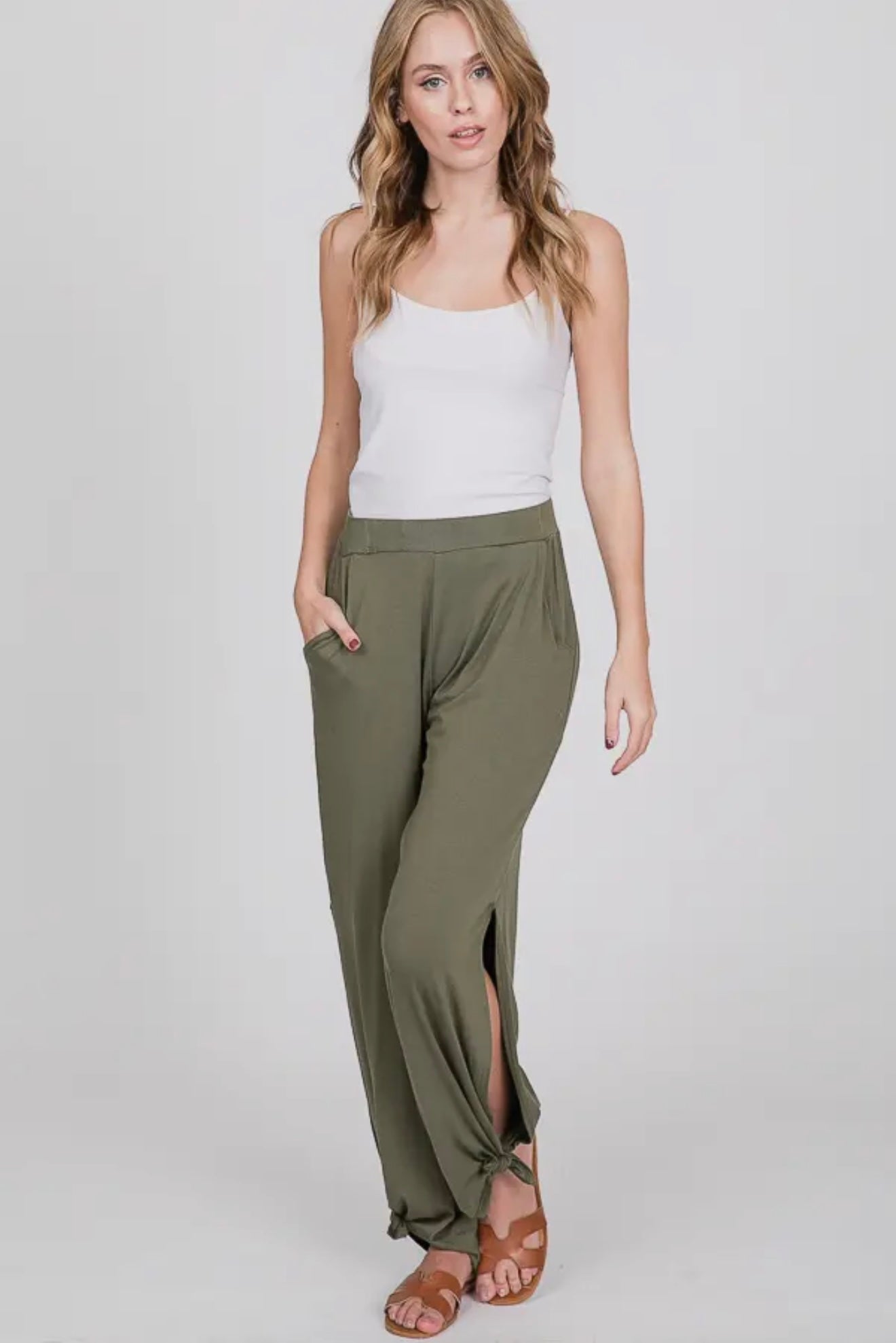 Olive Split Side Ankle Tie Pants