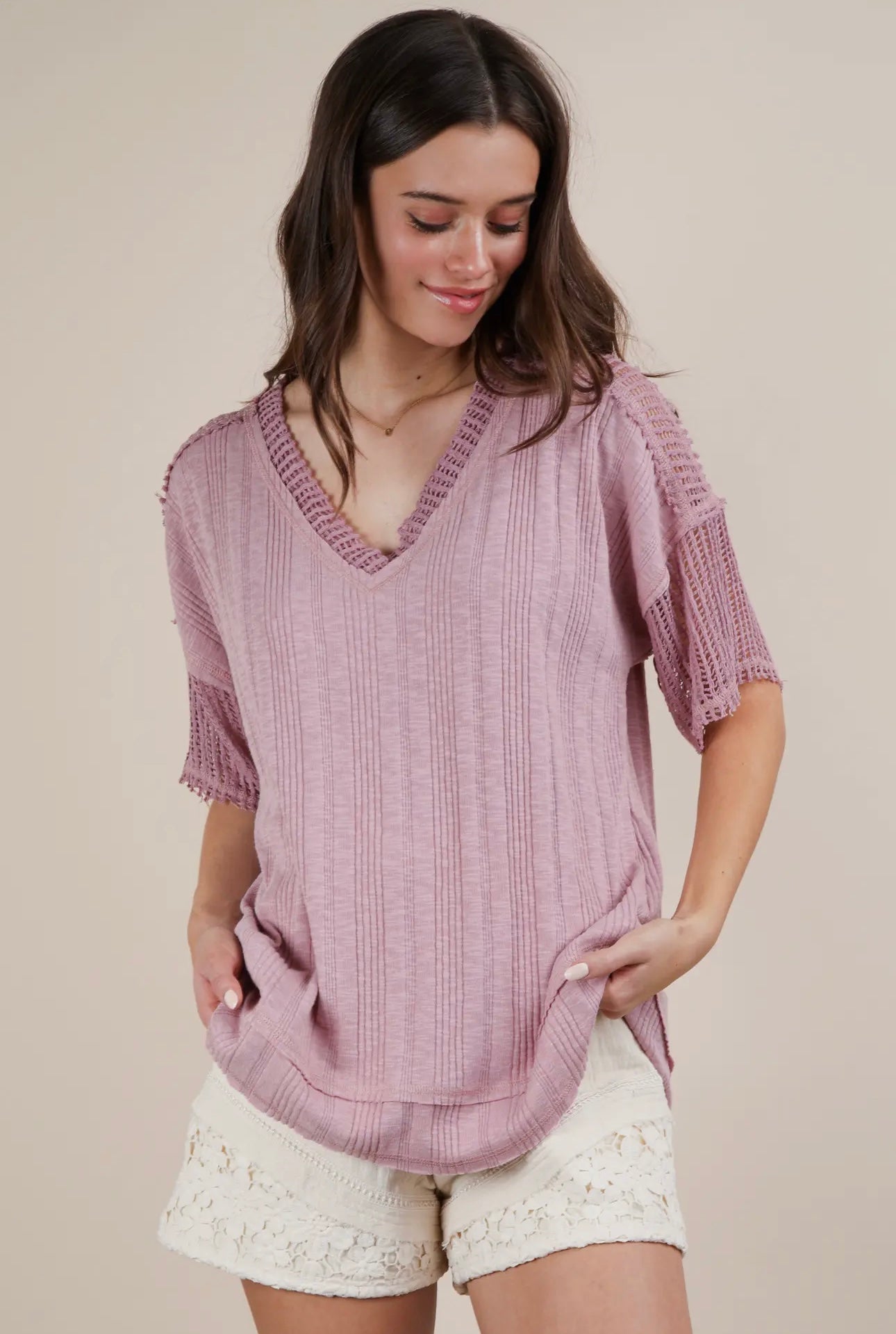 Oversized Contrast Knit Comfy Casual Top - Blush