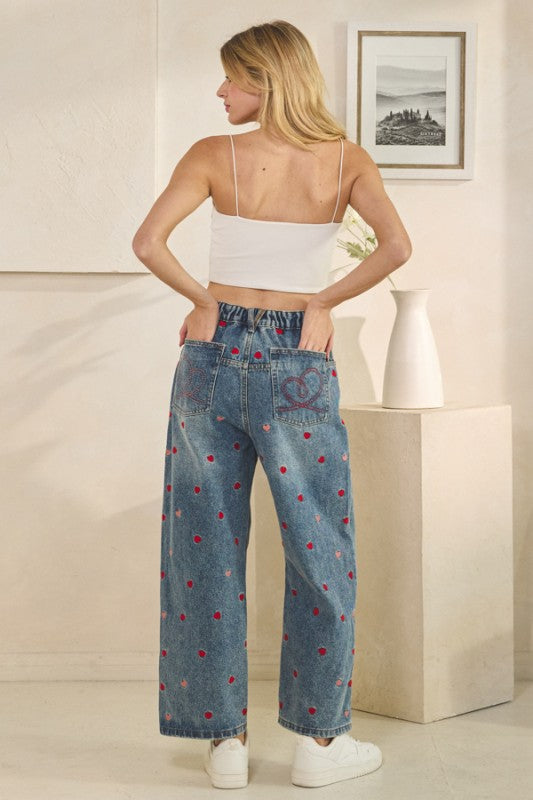 Medium Washed Embroidered Heart Boyfriend Jeans