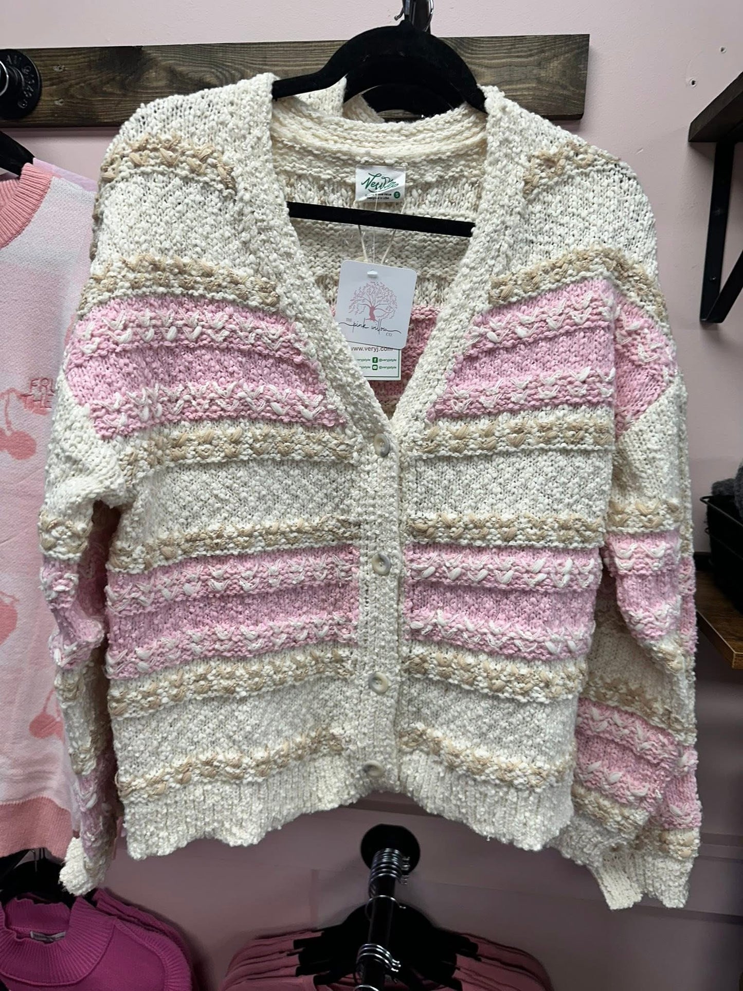 Pink Stripe Textured Knit Sweater Cardigan