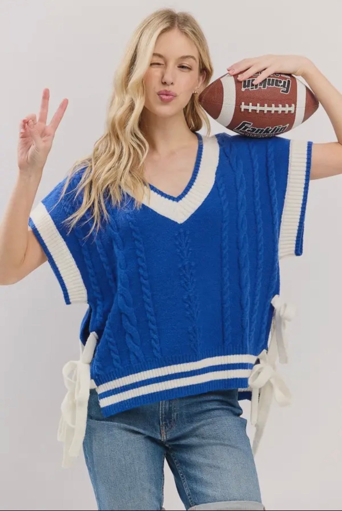 Game Day Cable Knit Varsity Sweater Vest - Blue/White