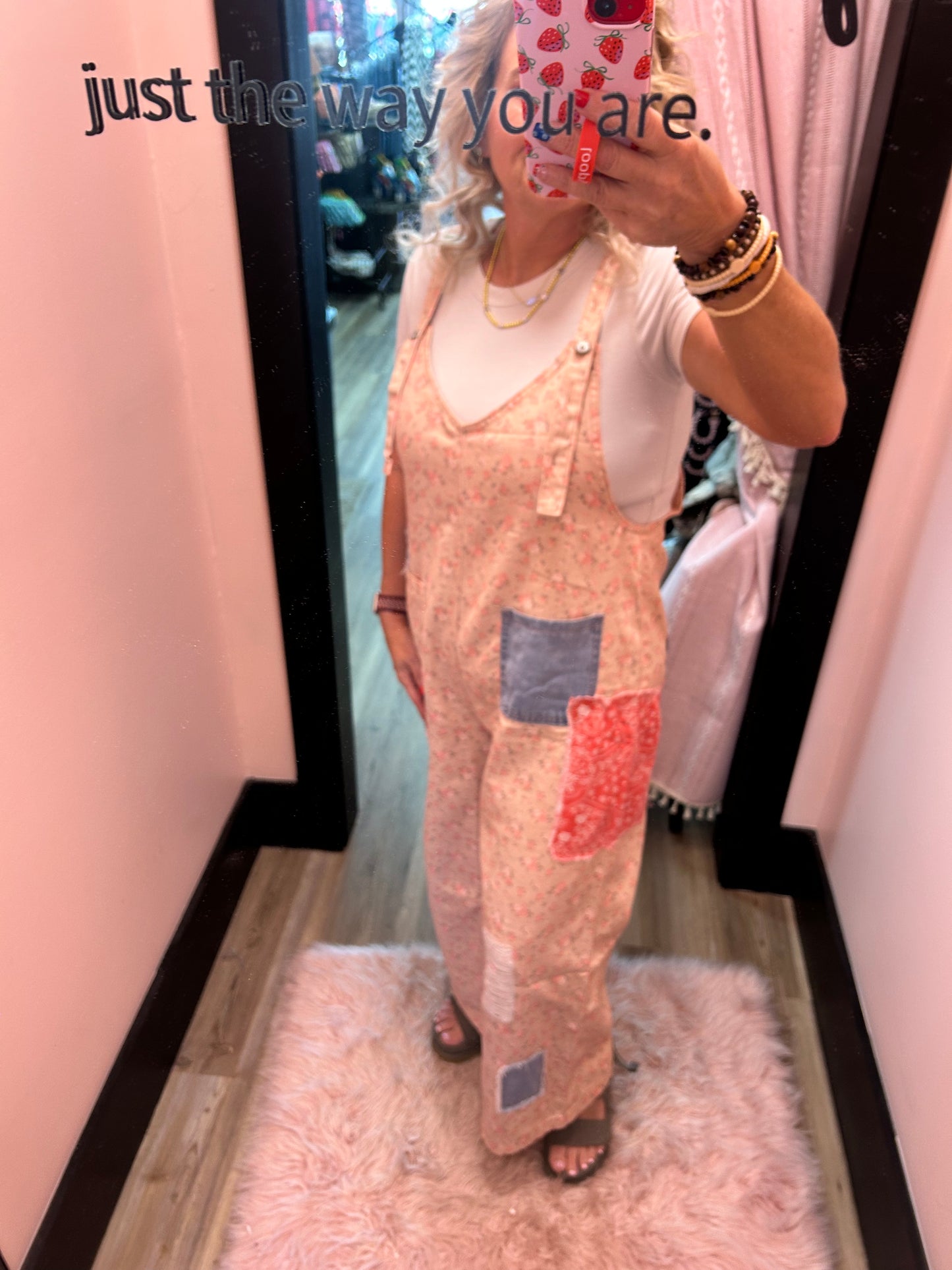 POL Vintage Washed Denim Overalls - Blush Floral