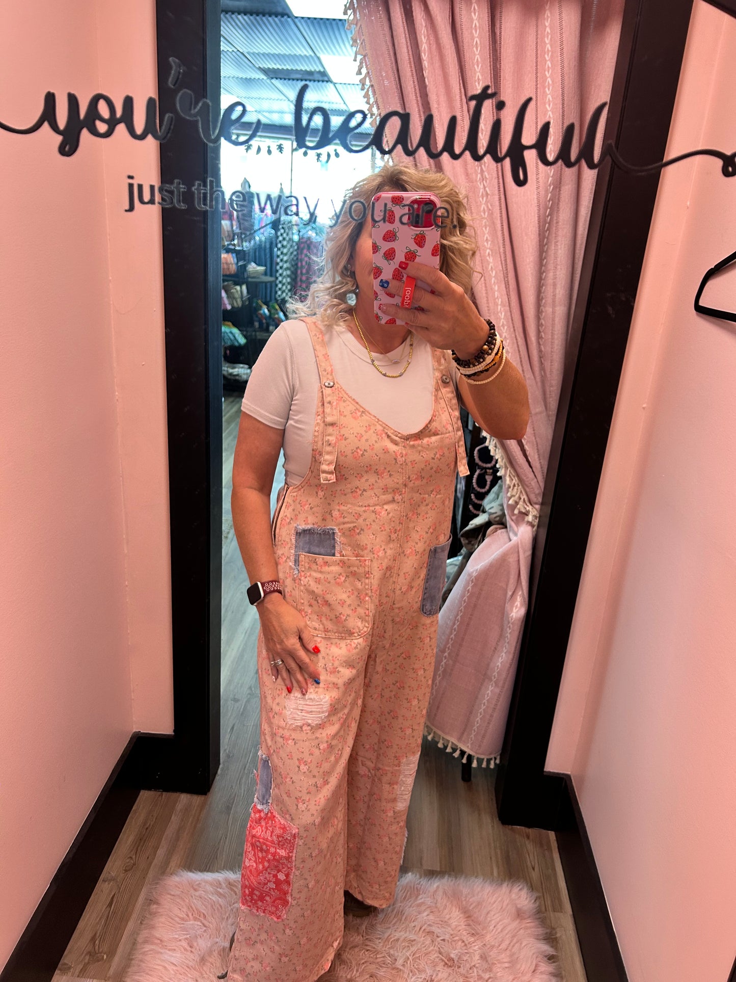 POL Vintage Washed Denim Overalls - Blush Floral