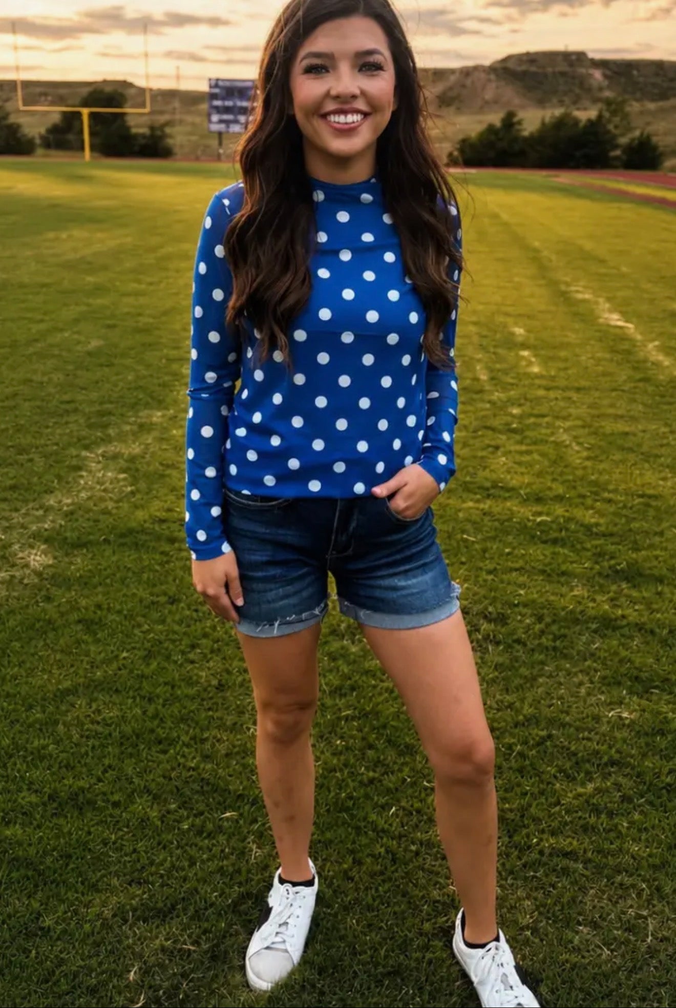 Kickoff Season Blue Polka Dot Mesh Tops