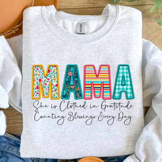 She Is…Mama Spring Faux Embroidery Graphic Tee/Sweatshirt
