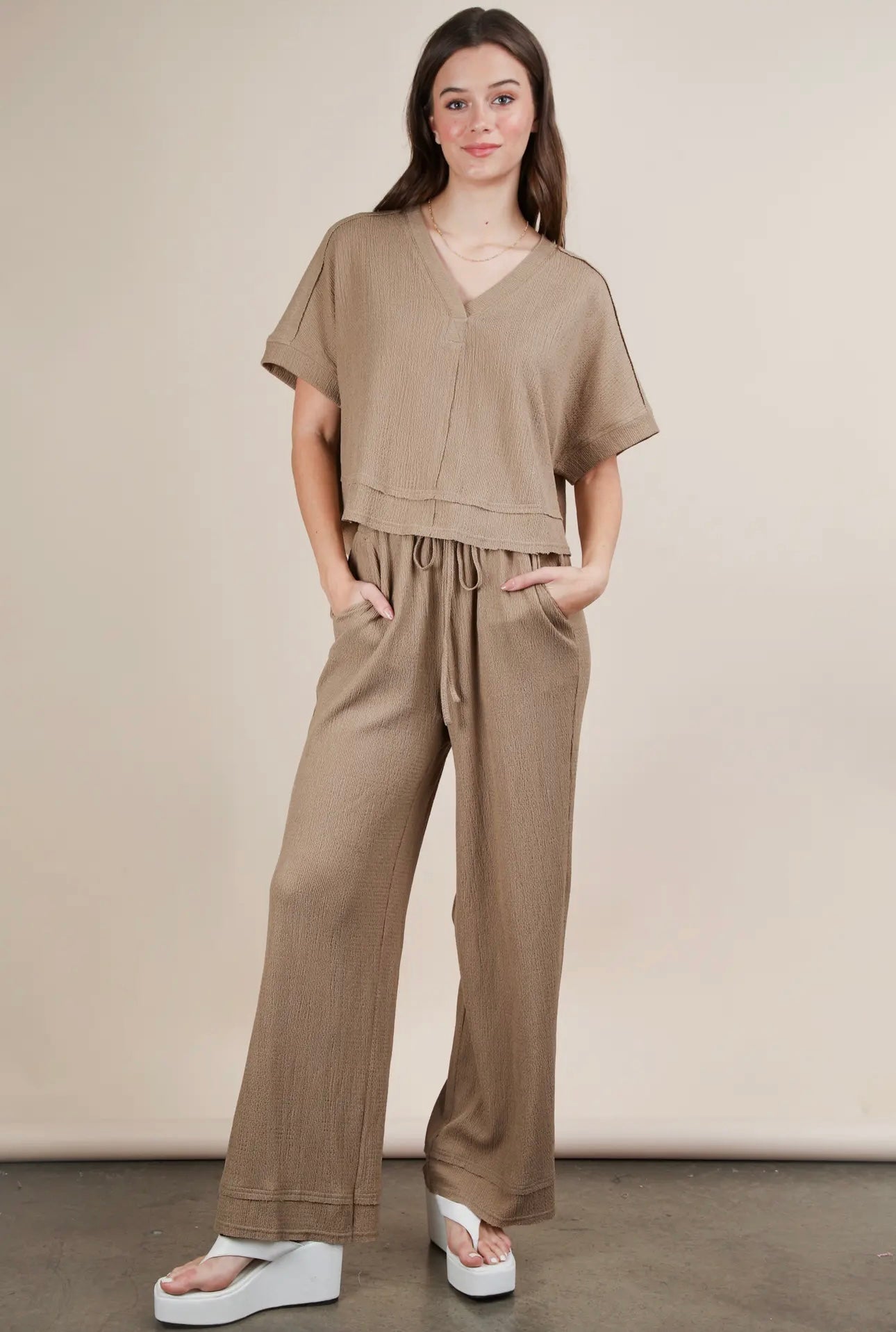 Textured Knit Comfy Casual Top & Pants Set - Mocha