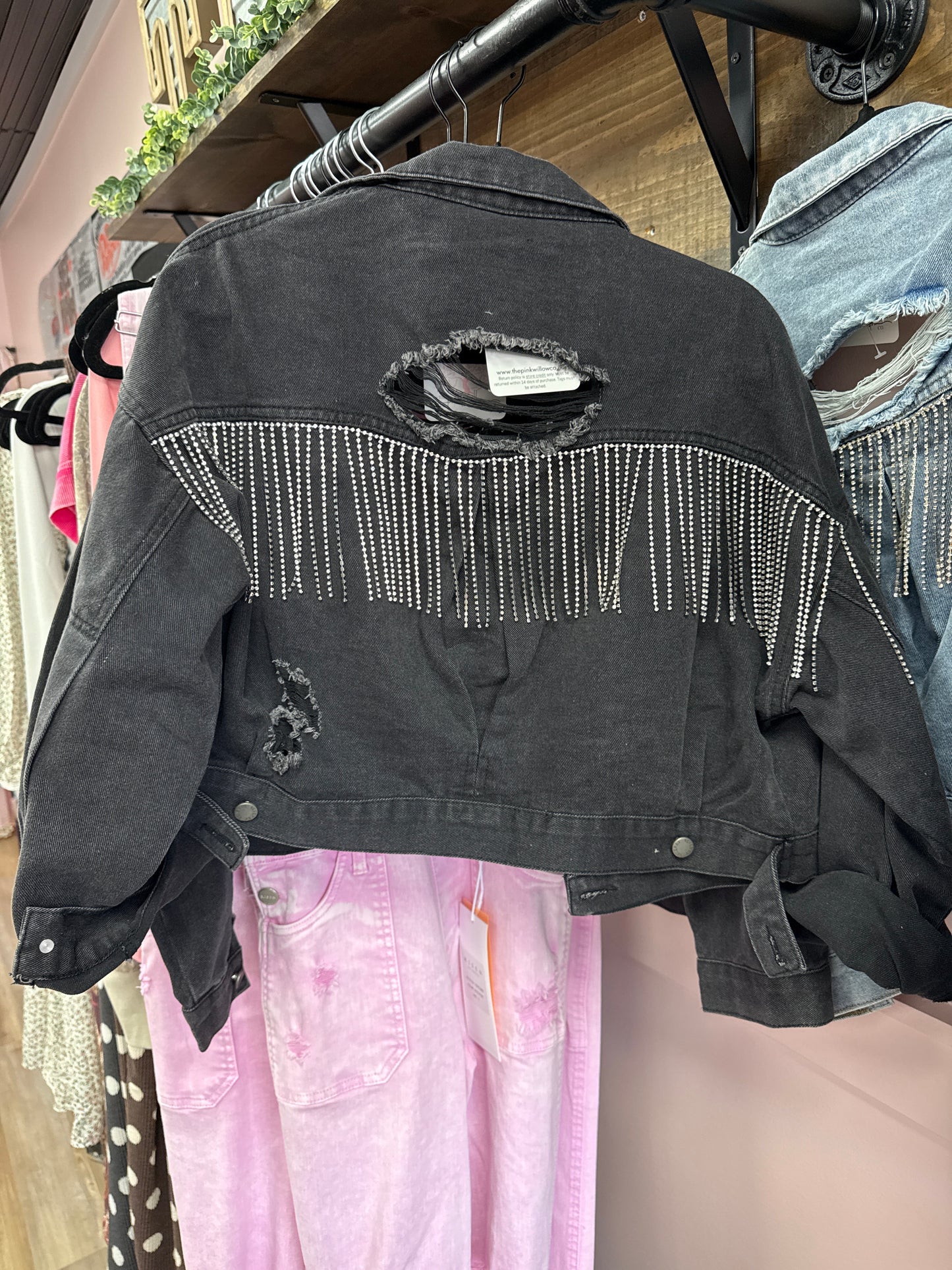 Distressed Silver Fringe Denim Jacket - Black Wash