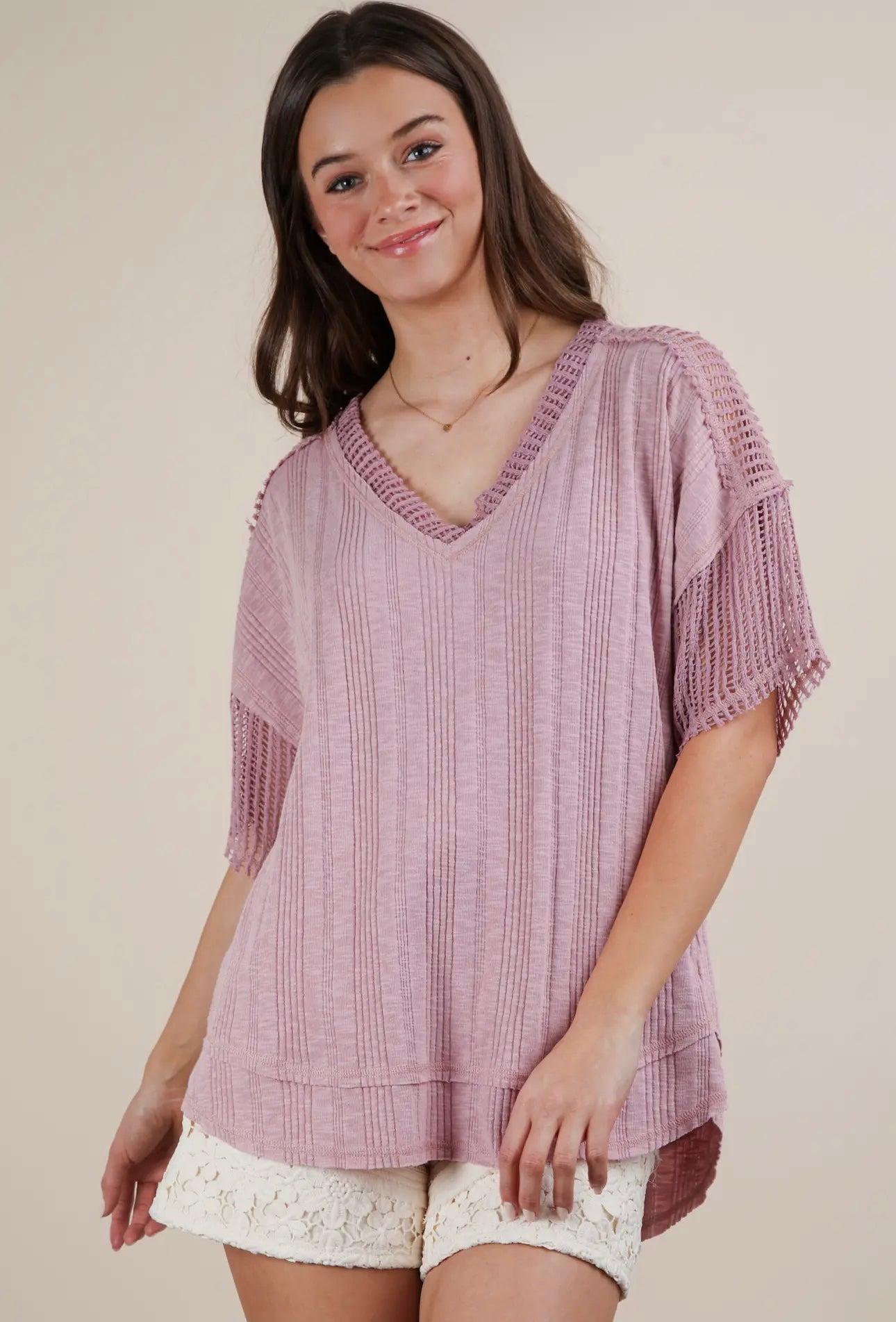 Oversized Contrast Knit Comfy Casual Top - Blush