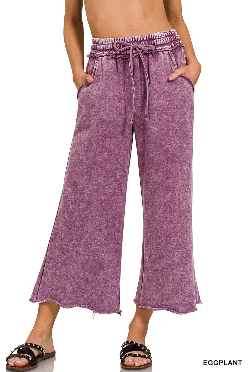Acid Washed  Palazzo Cropped Sweatpants With Pockets