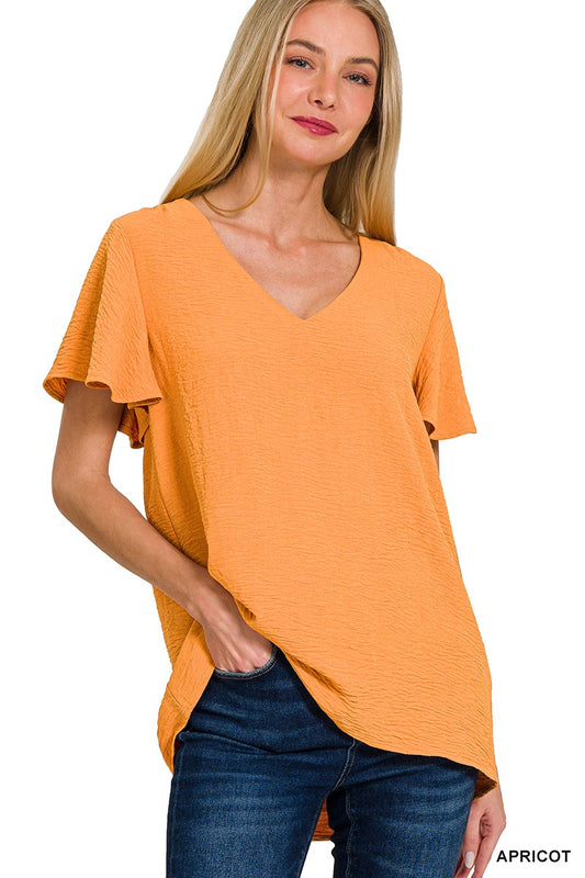 Woven Airflow Flutter Sleeve Top - Apricot
