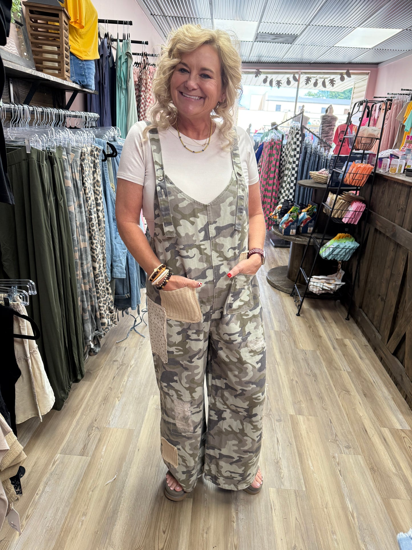 POL Vintage Washed Denim Overalls - Camo