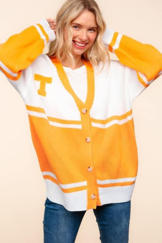 Tennessee V Neck Button Down Letter Patch Sweater