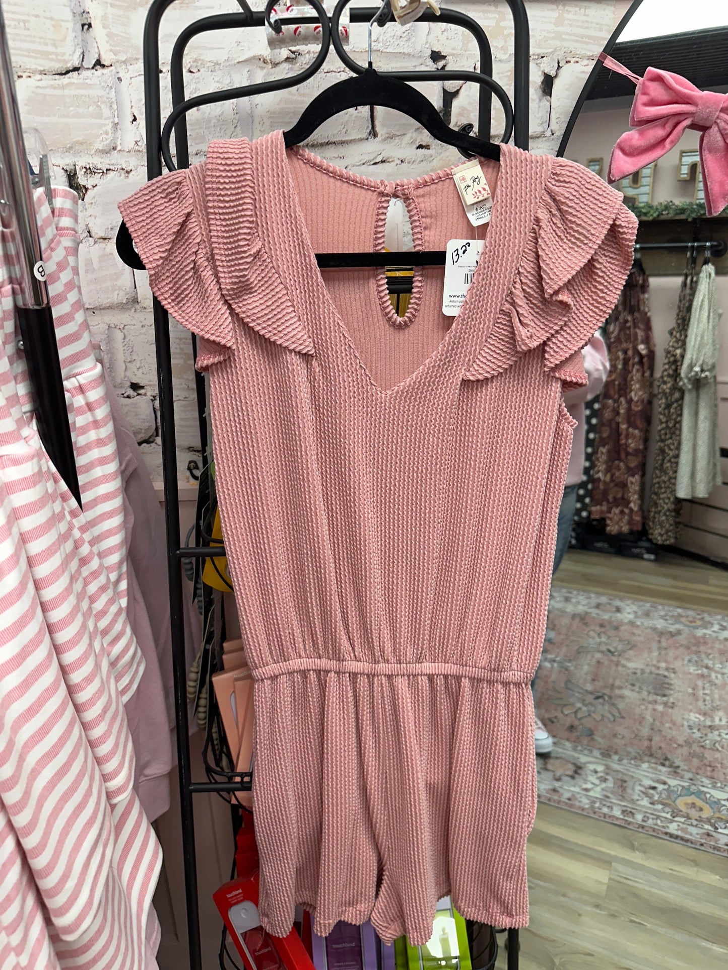 Ribbed V-Neck Keyhole Back Romper - Mauve