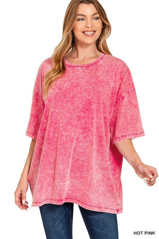 Acid Wash Boyfriend Tee - Hot Pink