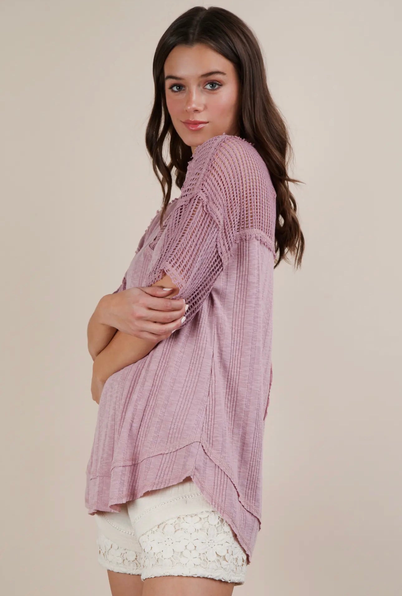 Oversized Contrast Knit Comfy Casual Top - Blush