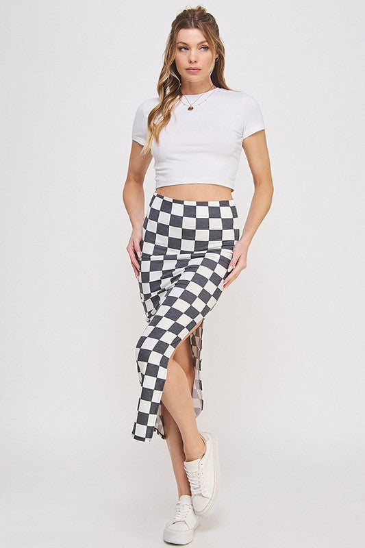 Checkered Midi Pencil Skirt w/ Side Slit