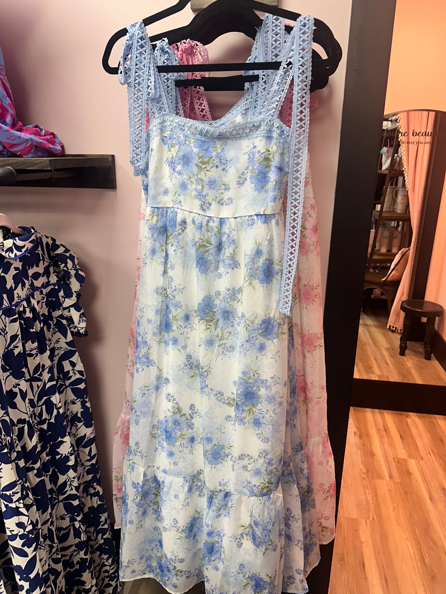 Floral Crochet Lace Strap Maxi Dress - Blue