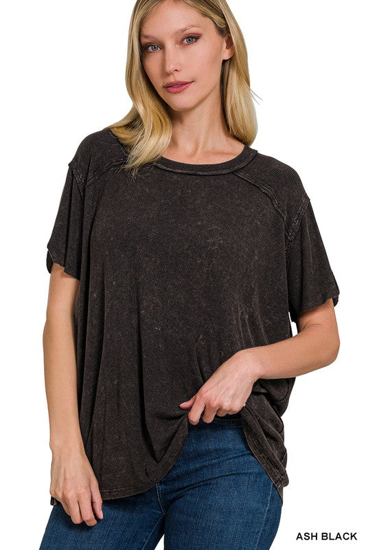 Washed Ribbed Short Sleeve Top - Asst Colors
