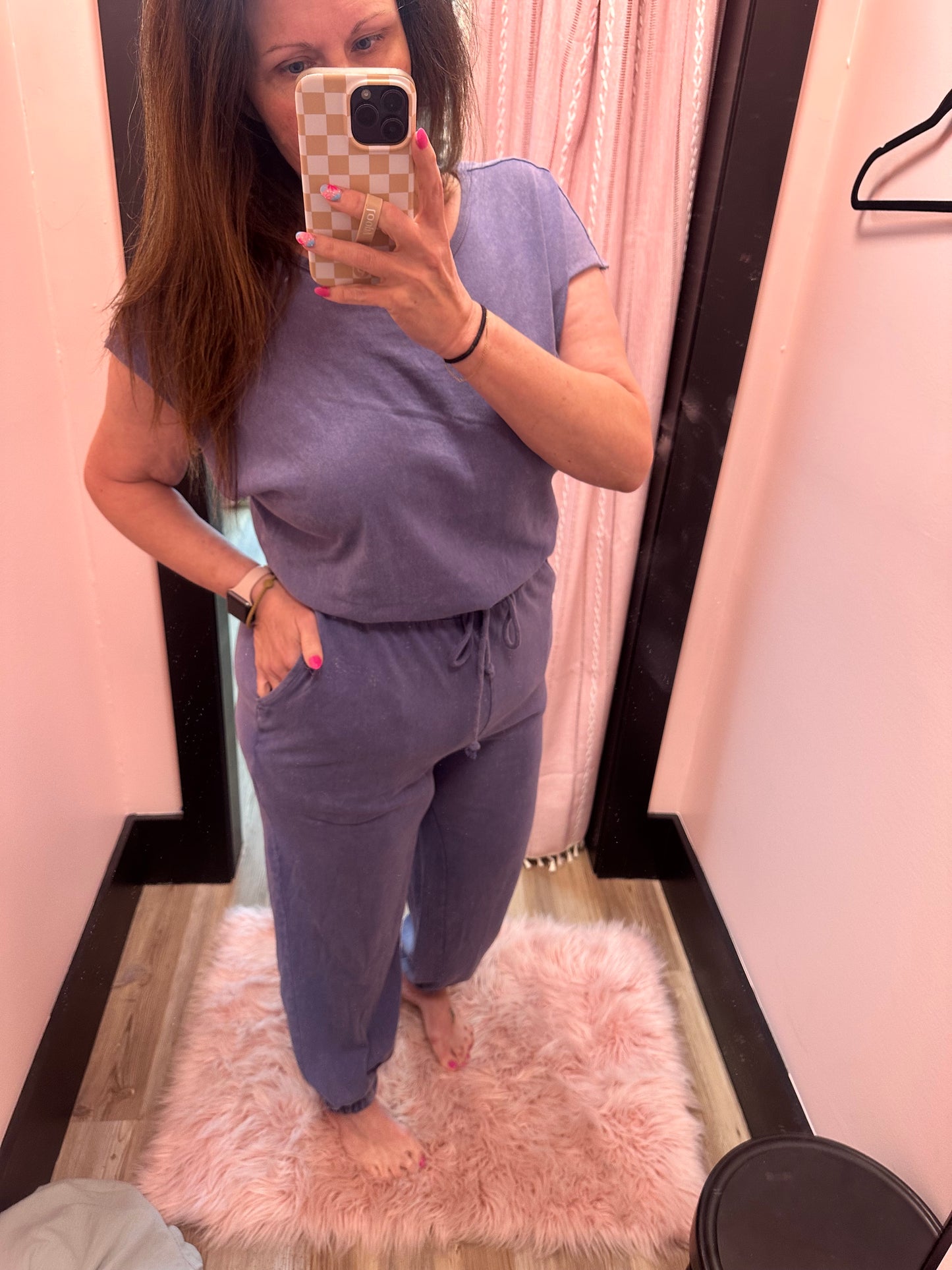 Short Sleeve Casual Jumpsuit - Dusty Indigo