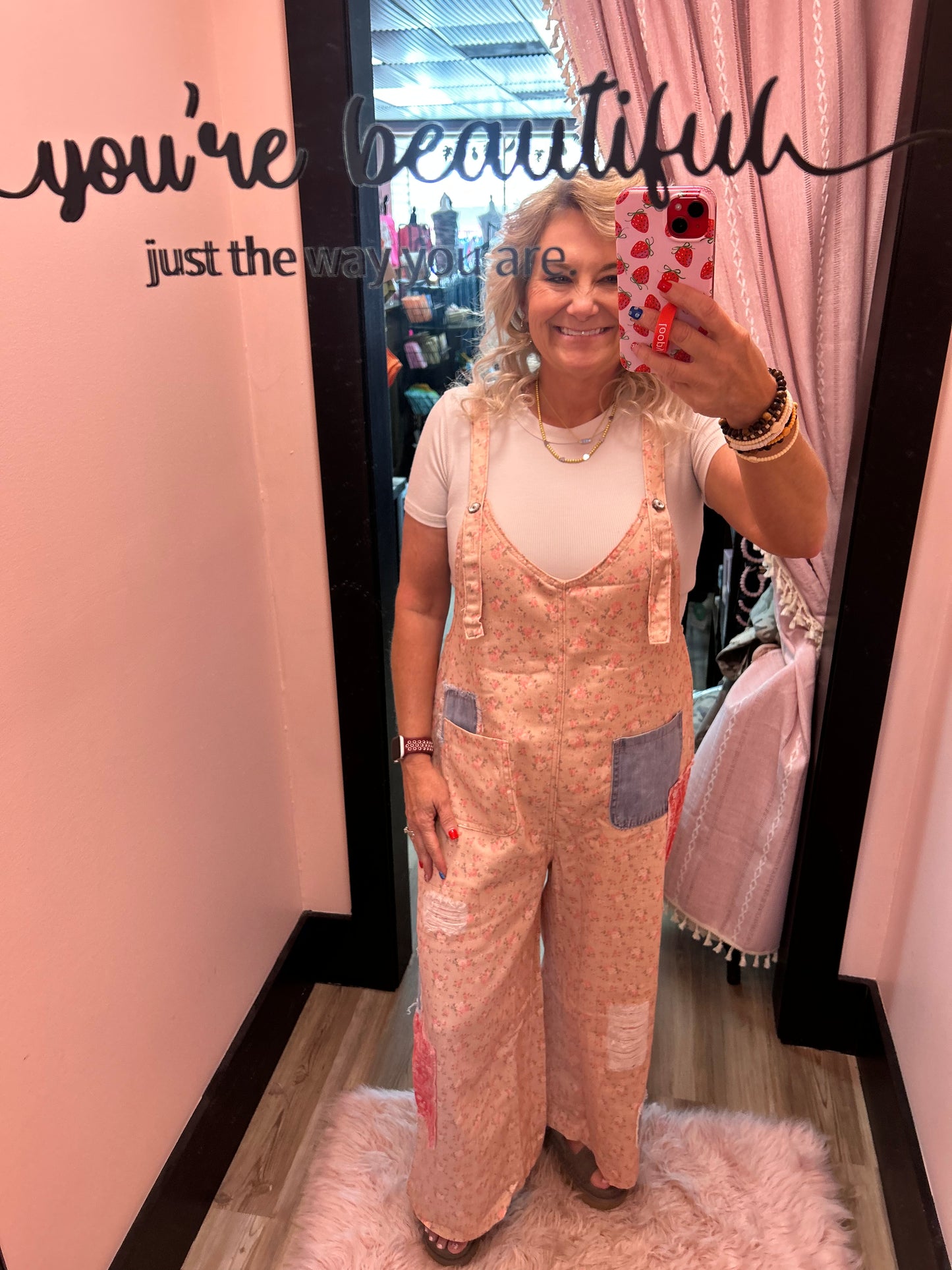 POL Vintage Washed Denim Overalls - Blush Floral