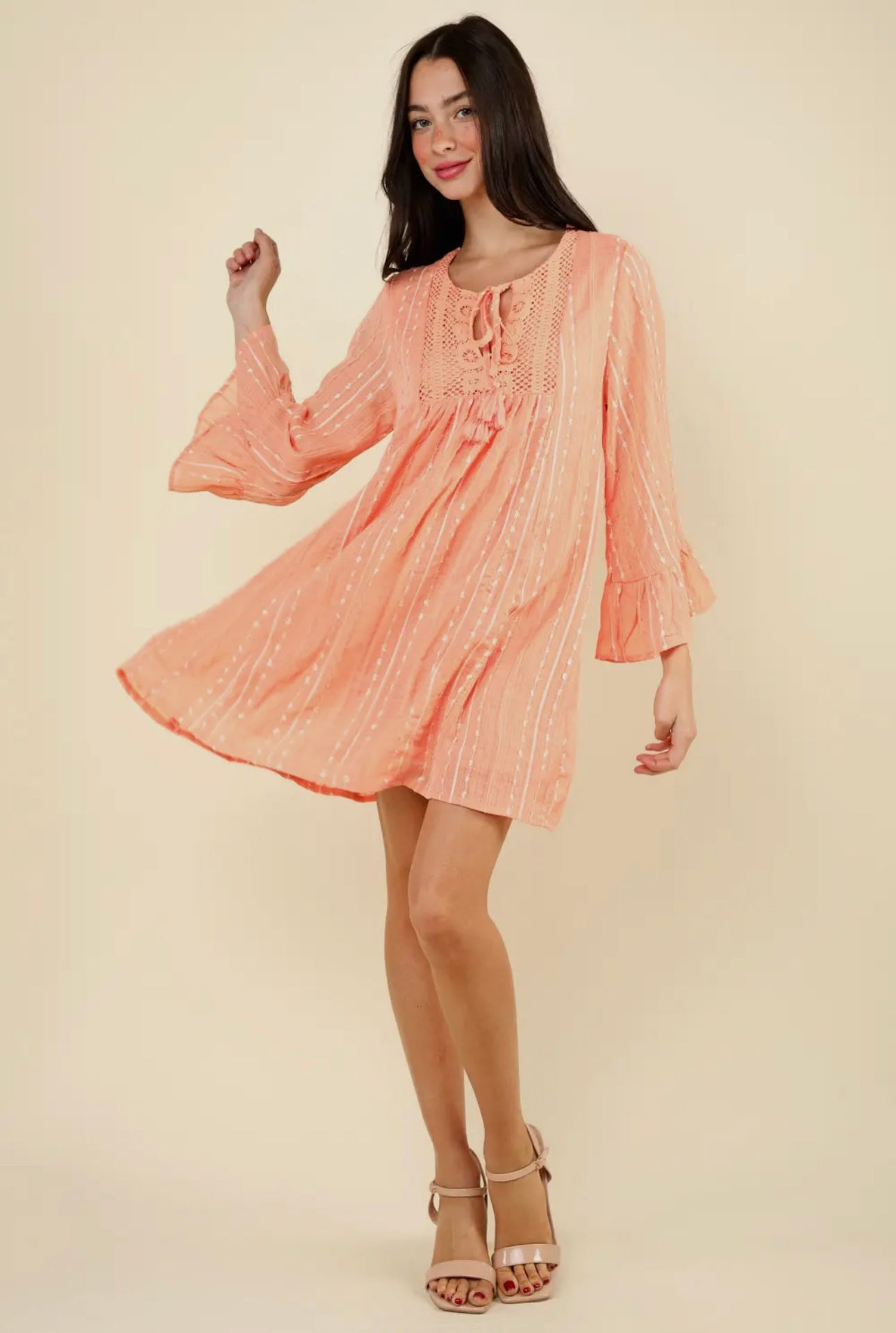 Dobby Dots Striped Chiffon Mini Dress- Apricot