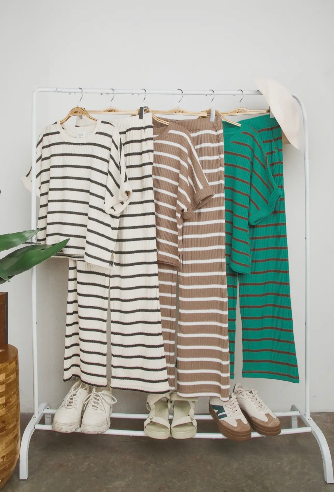 Striped Casual Top & Pants Set - Green