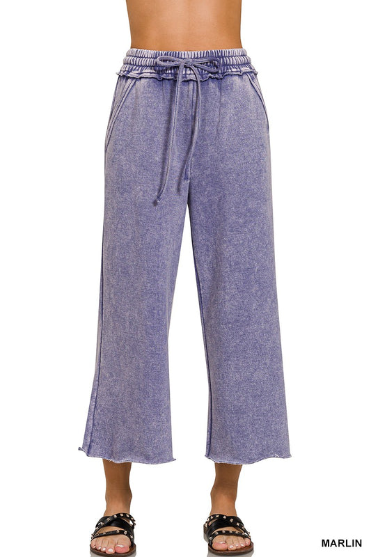 Acid Washed Palazzo Cropped Sweatpants With Pockets - Marlin