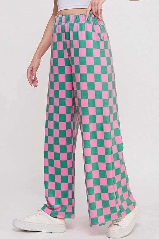 Checkered Knit Pants - Pink/Green