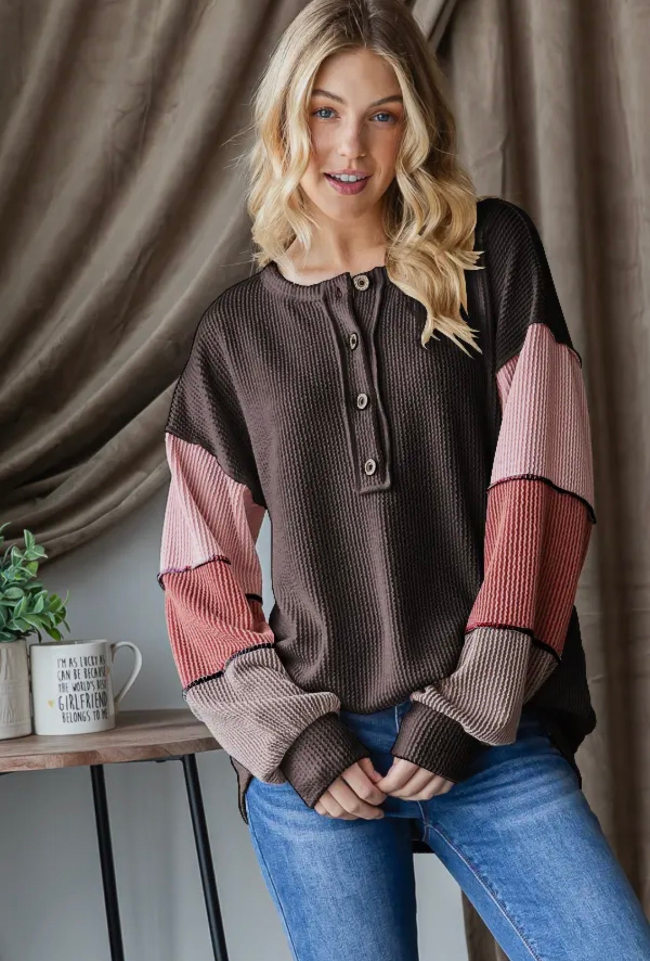 Urban Ribbed Color Block Top - Brown