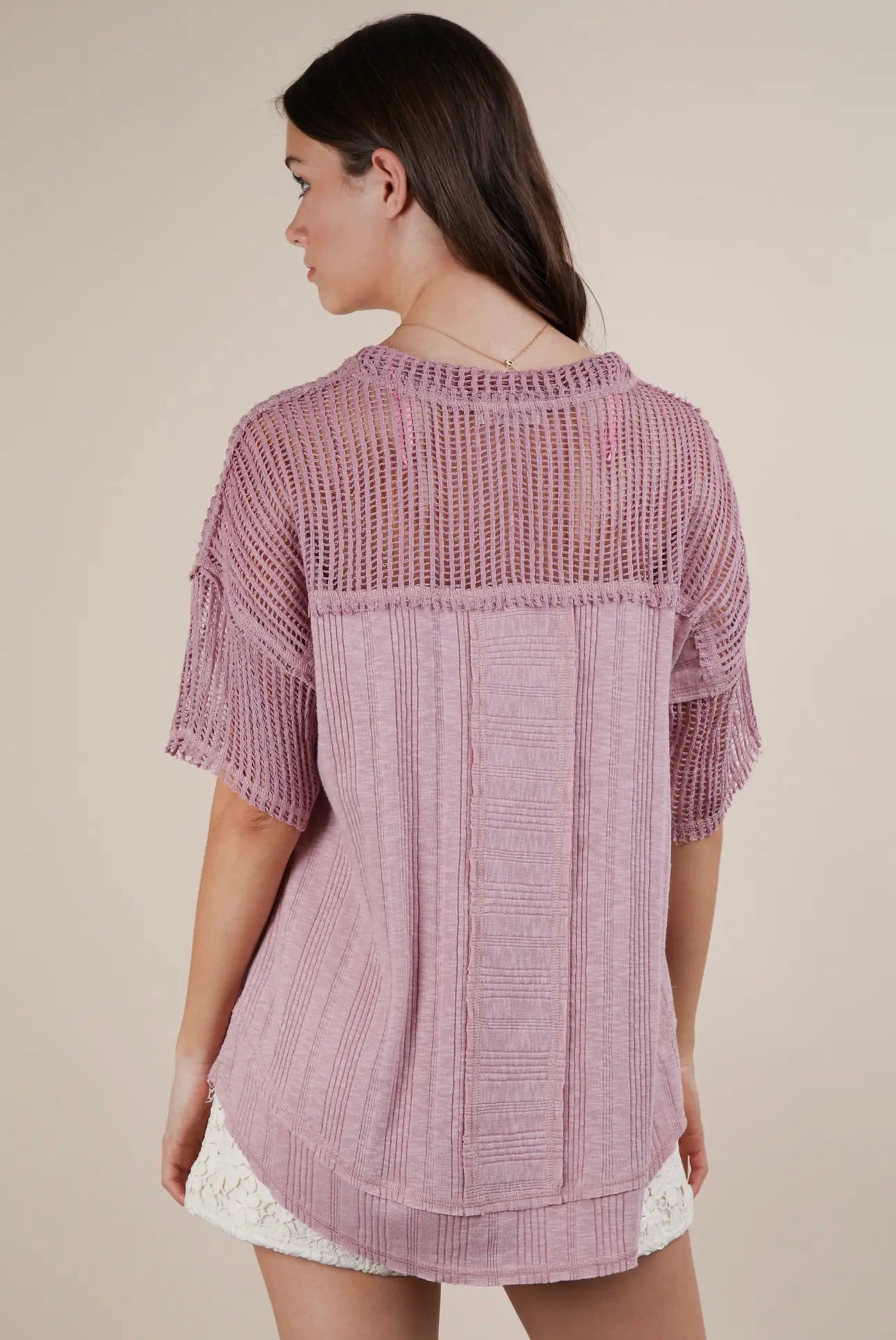 Oversized Contrast Knit Comfy Casual Top - Blush