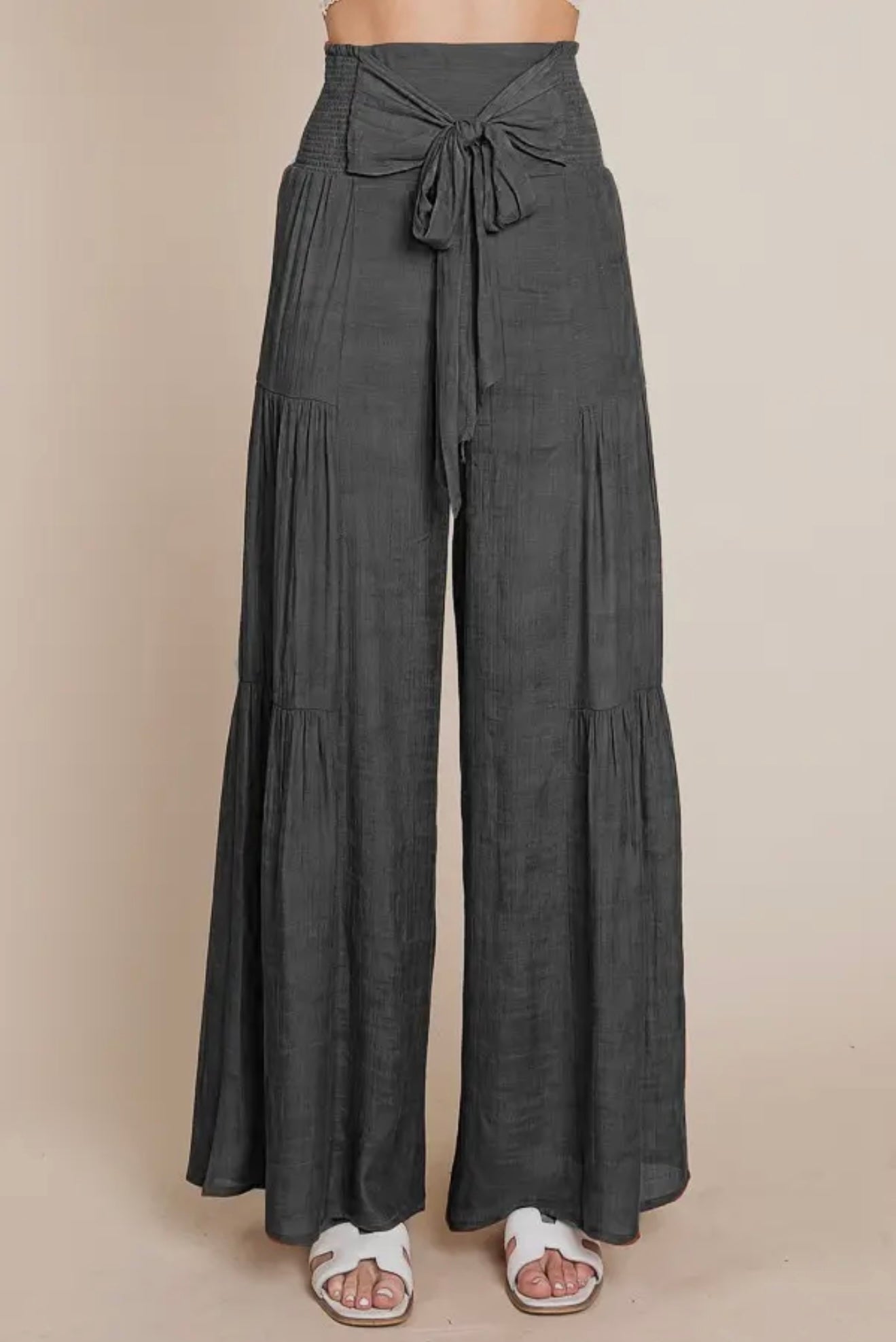Tie Front Wide Leg Pants - Charcoal