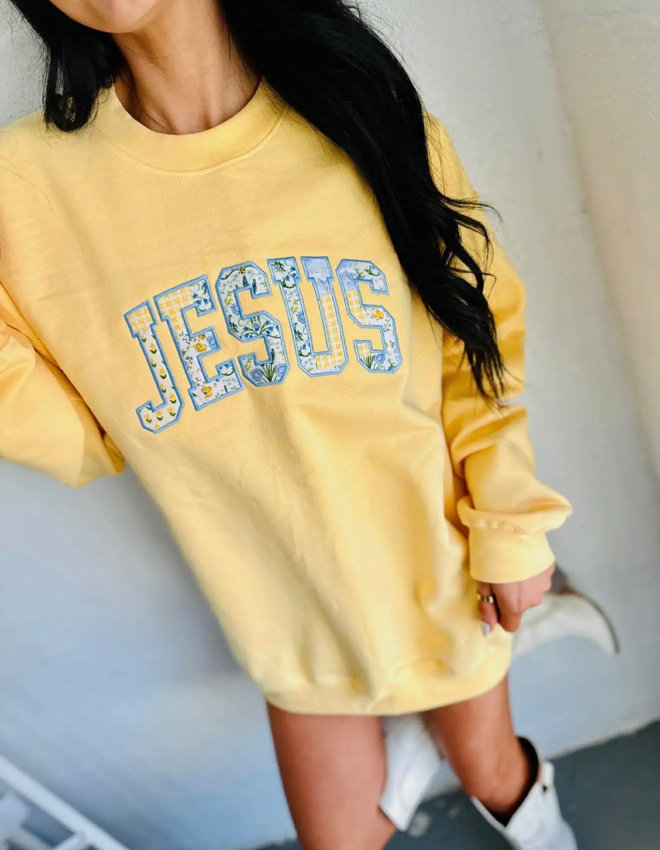 Jesus Appliqué Patchwork Sweatshirt