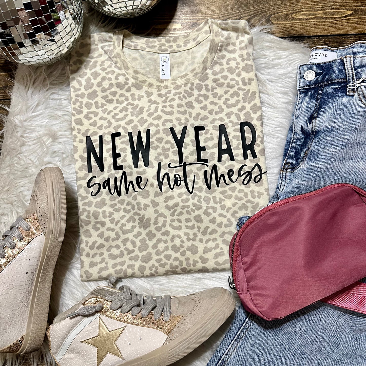 New Year Same Hot Mess Leopard Graphic Tee
