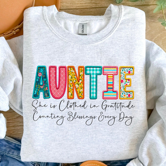 She Is…Auntie Spring Faux Embroidery Graphic Tee/Sweatshirt