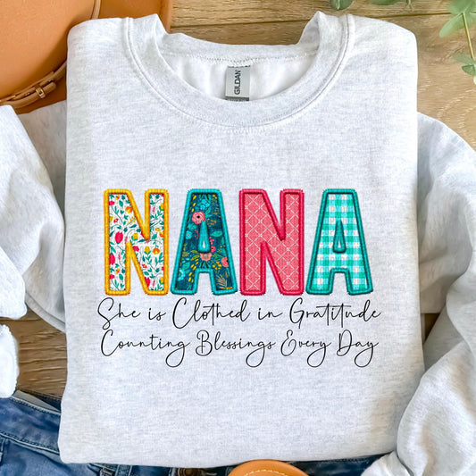 She Is…Nana Spring Faux Embroidery Graphic Tee/Sweatshirt