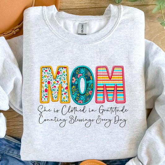 She Is…Mom Spring Faux Embroidery Graphic Tee/Sweatshirt