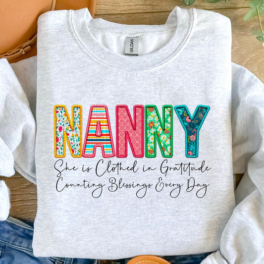 She Is…Nanny Spring Faux Embroidery Graphic Tee/Sweatshirt