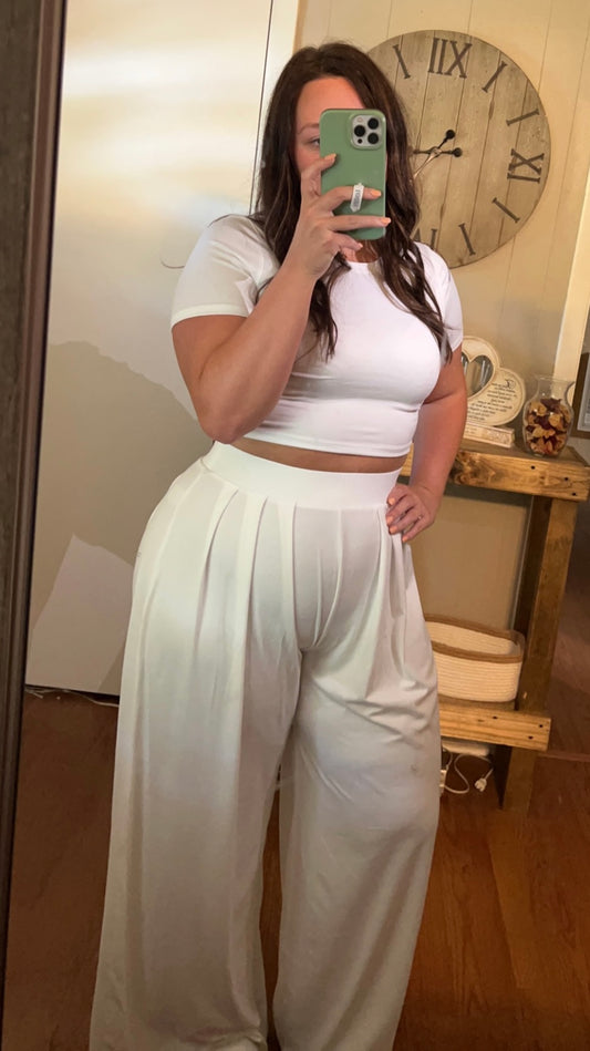 White Cropped Top and Wide Leg Pants Set