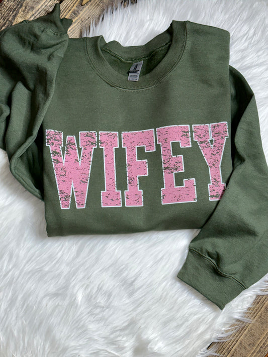 Wifey Varsity Distressed Graphic Sweatshirt