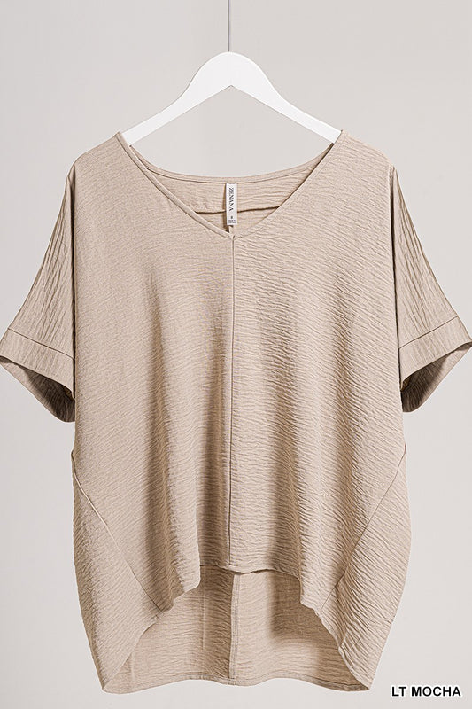 Washed Airflow V-Neck Dolman Short Sleeve Top - Lt Mocha