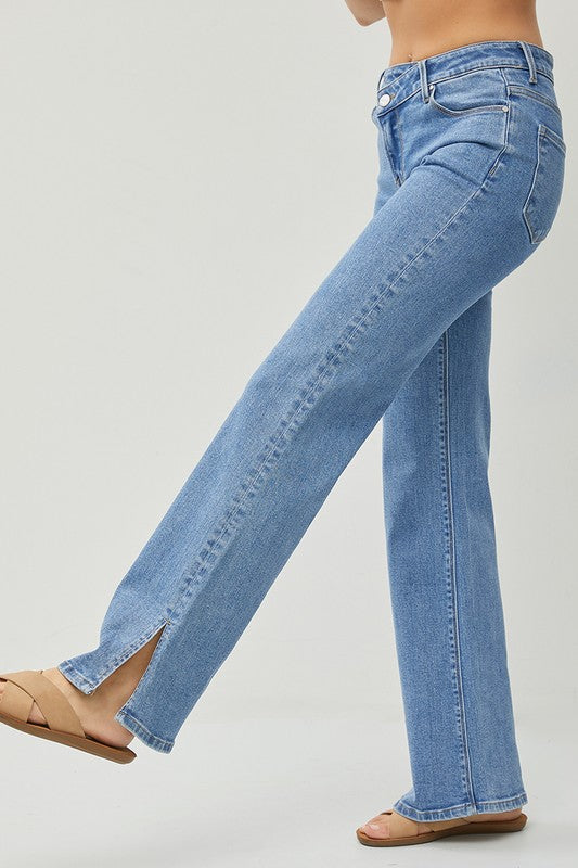 Risen Mid Rise Cross Over Side Slit Jeans