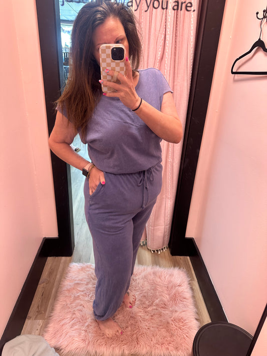 Short Sleeve Casual Jumpsuit - Dusty Indigo
