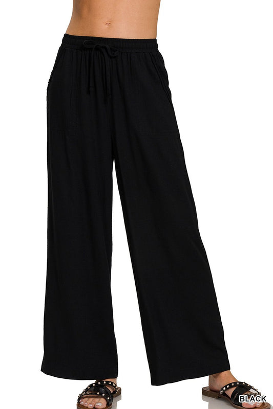 Wide Leg Linen Blend Pants w/ Pockets