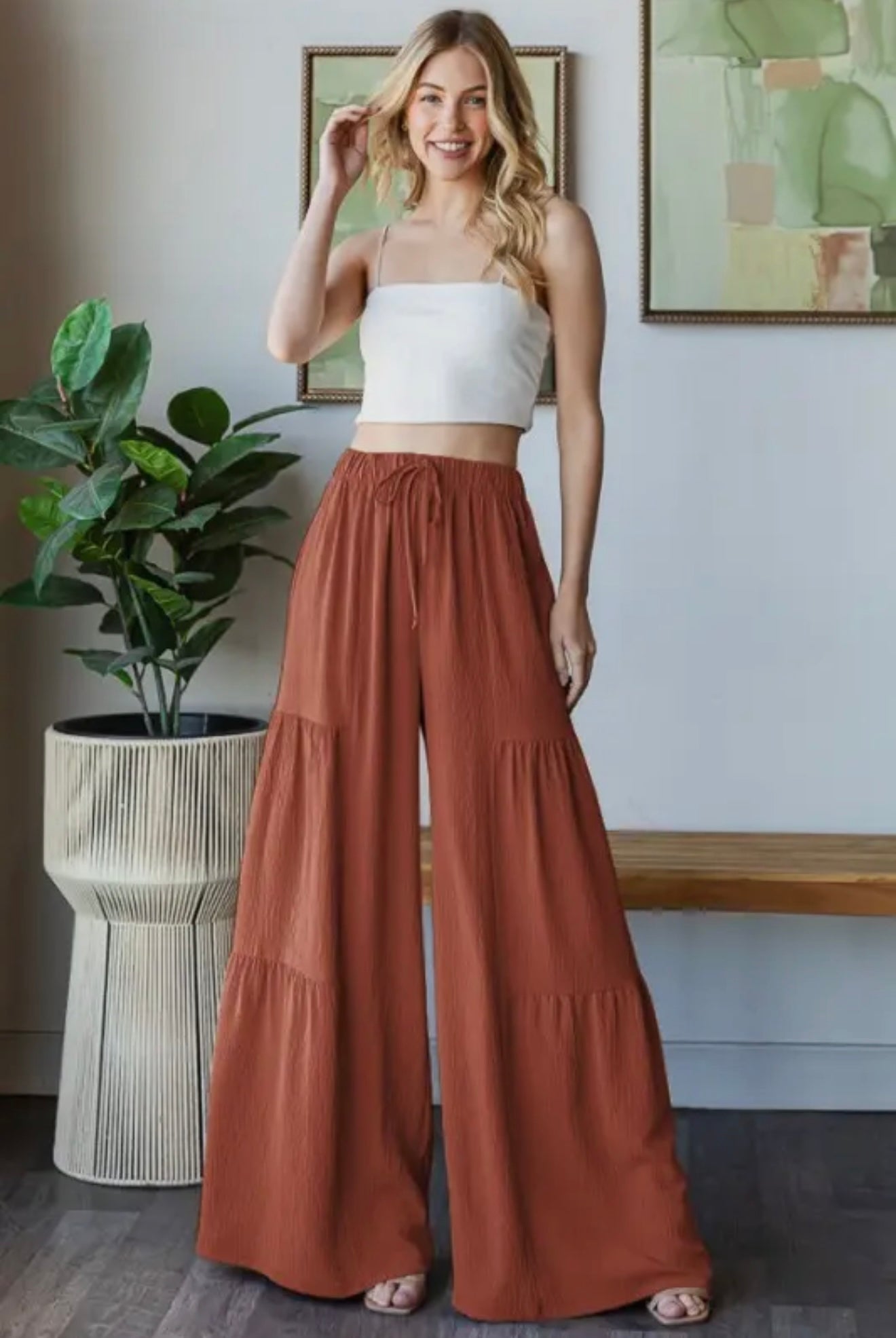 Wide Leg Solid Pants - Rust
