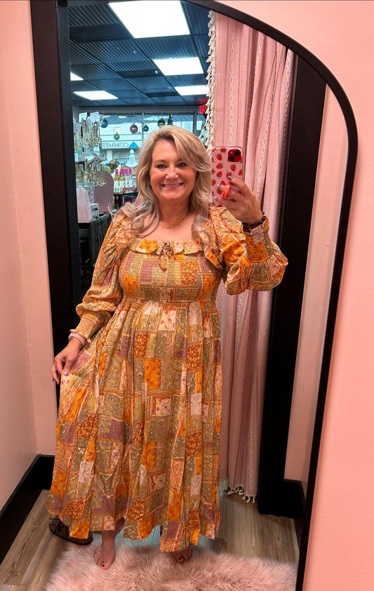 Smocked Ruffled Patchwork Maxi Dress