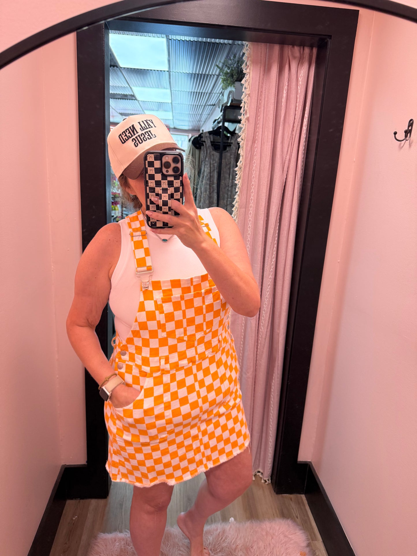 Game Day Checkered Bib Overall Mini Dress
