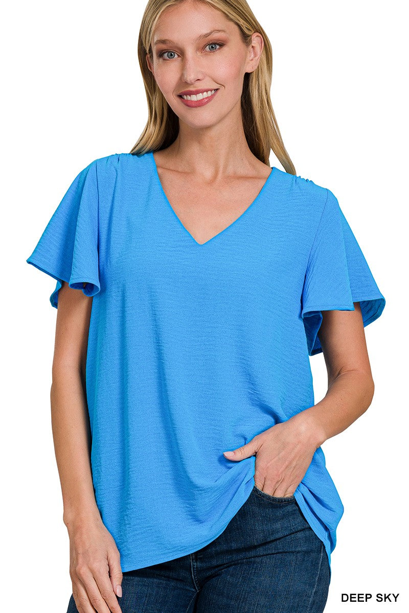 Woven Airflow Flutter Sleeve Top - Deep Sky