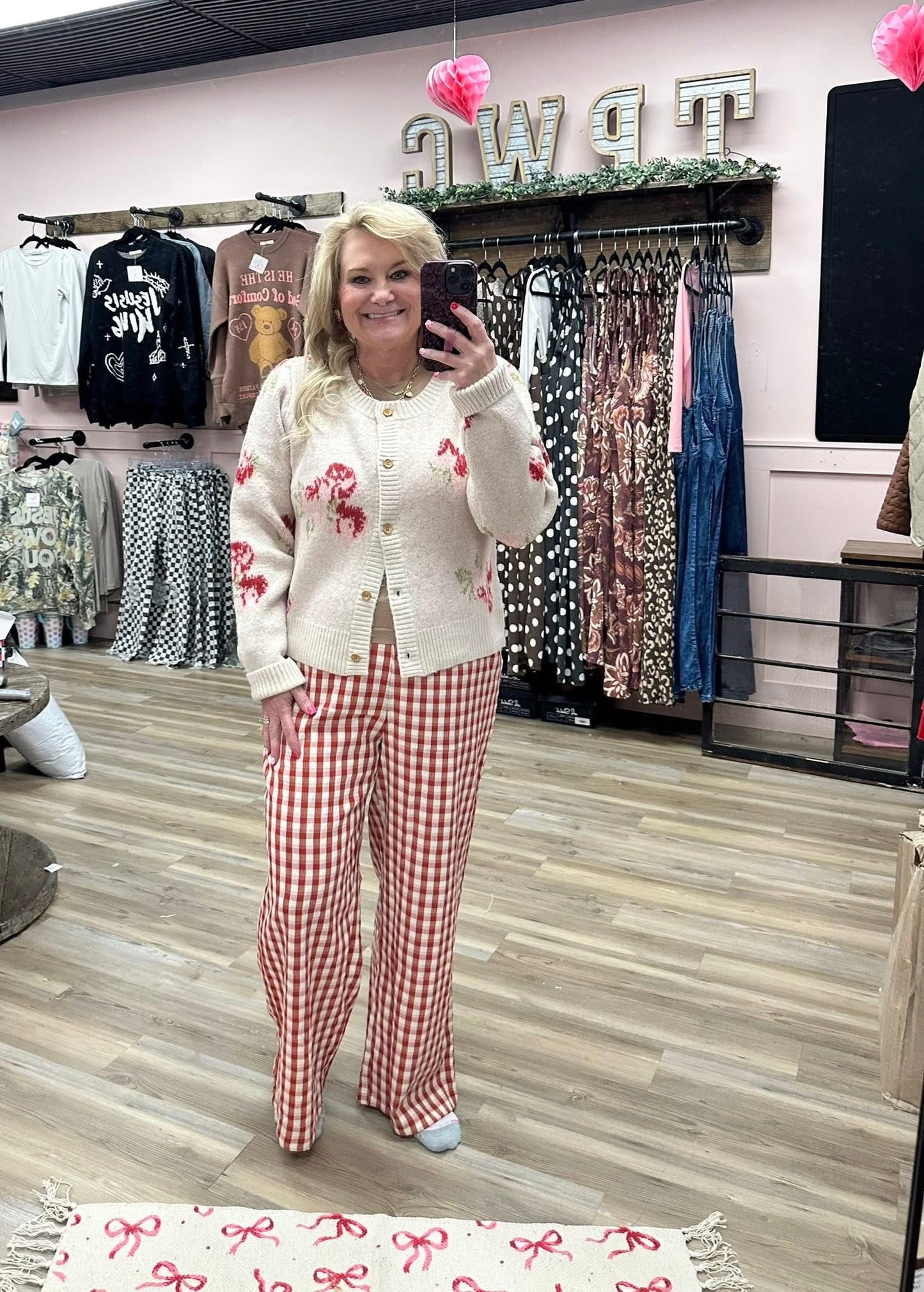 Red Checkered Pull-on Casual Pants