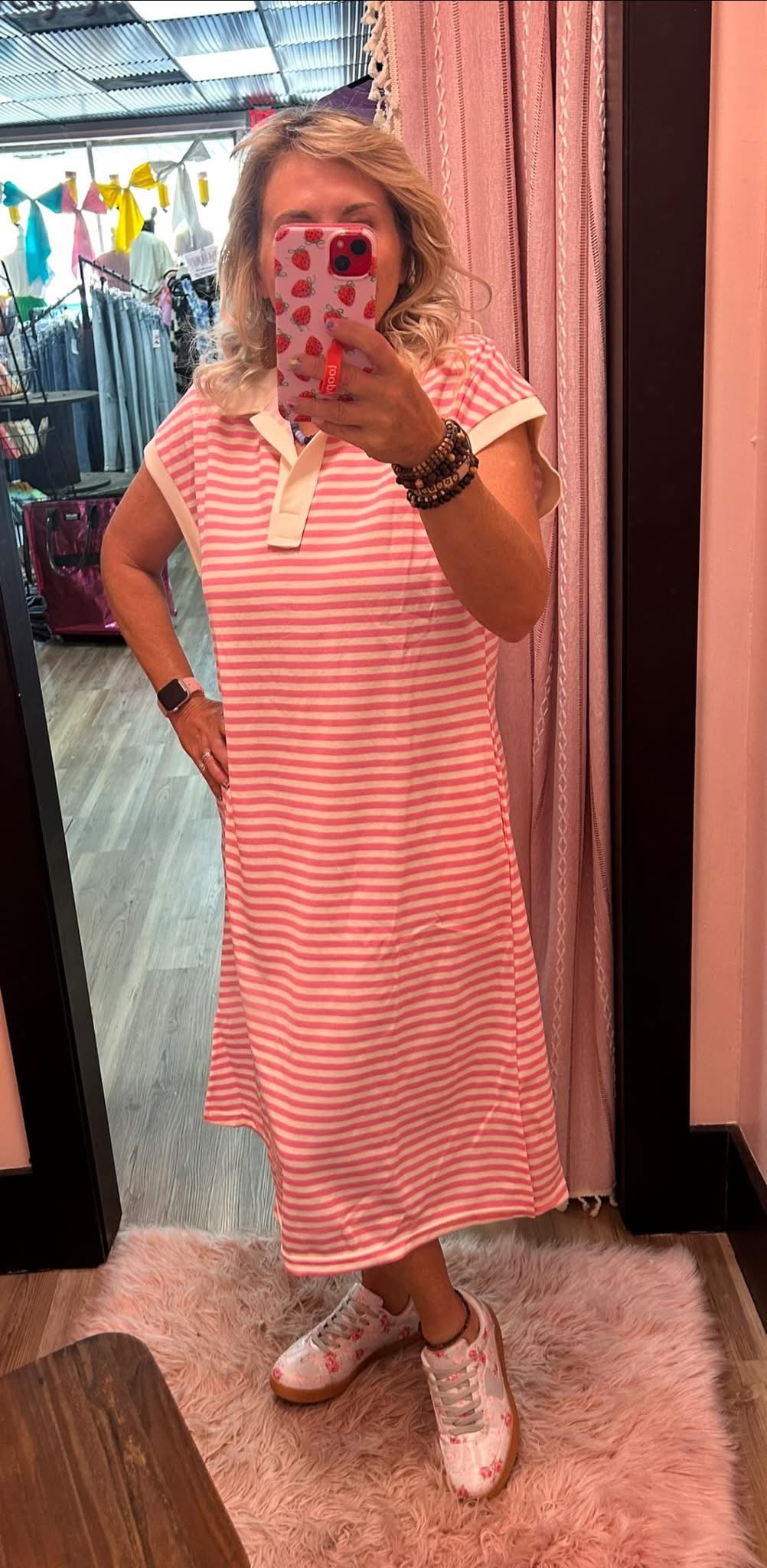 Striped Relaxed Fit Midi Dress - Pink/Ivory