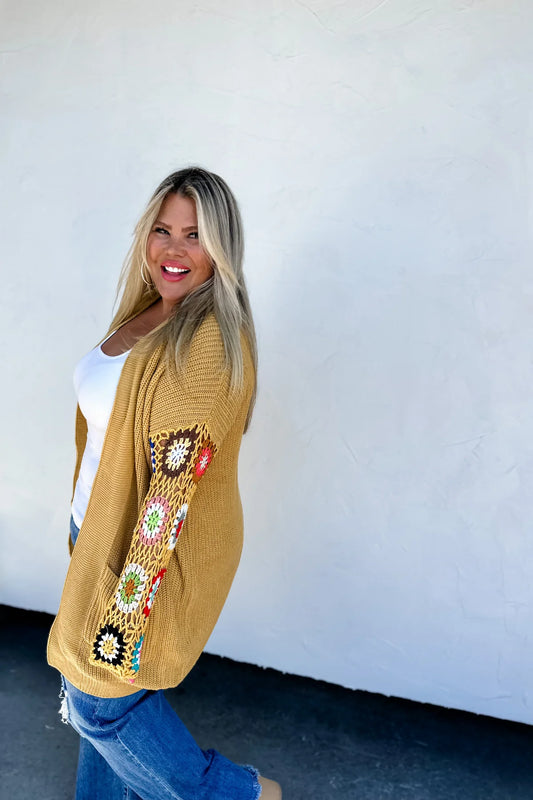 Crochet Sleeve Cardigan - Mustard